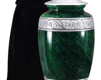 Urnas de cremación grandes para cenizas humanas. Urna clásica con textura de mármol verde grabada a mano para entierro y funeral.