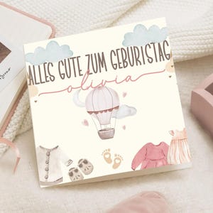 Tarjeta de felicitación Baby Mädchen | Tarjeta con Nombre Personalizado | Alles Gute zum Geburtstag Rosa Ballon