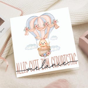 Geburtstagskarte Hase rosa | Tarjeta personalizada con nombre | Globos Baby Mädchen Herz | Kindergeburtstag Karte süß