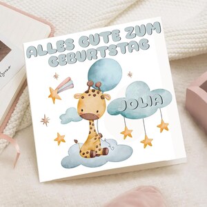 Tarjeta Geburtstags personalizada con linda jirafa y lobo | Handgemachte Kinderkarte mit Nombre | Tarjeta Baby Junge o Mädchen