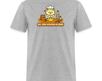 Puede incluir: Camiseta gris claro con un gato de dibujos animados con gorro de chef amasando masa. El diseño incluye harina, aceite y el texto "All You Knead Is Loaf". Un diseño divertido para panaderos y amantes de los gatos.