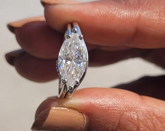 2 carat East To West Marquise Cut Engagement Rings, 14k Solid Gold Staking Curved Wedding Band, Unique Rings, Bridal Set, Anniversary Gift
