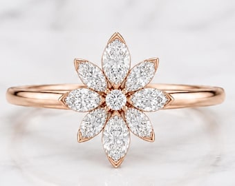 Daisy Flower Engagement Ring, Marquise & Round Lab Grown Cluster Ring, Floral Nature Inspire Ring, 14k Rose Solid Gold Ring Gift For Wife