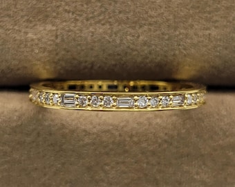Thick Alternating Baguette And Round Cut Wedding Band, Matching Band For Bridal, Full Eternity Promise Band, Dainty 14k Gold Ring