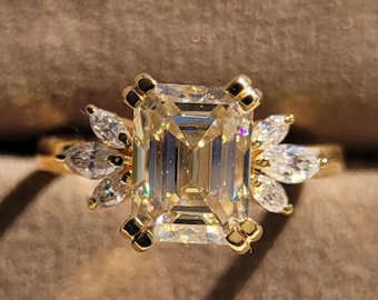 1.75 Ct Emerald Cut Lab Grown Cluster Engagement Ring, Art Deco Vintage Inspired Bridal Ring with Marquise Accents, 14K Gold Jewelry