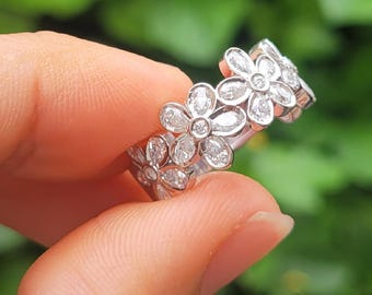 Flower Half Eternity Wedding Band, Pear Lab Grown Diamond, Rare To Find Designer Floral Ring, 925 Sterling Ring, Art Nouveau Unique Ring