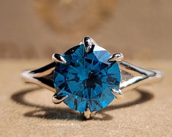 Royal Blue Lab Sapphire Solitaire Ring, Blue Sapphire Round Cut Engagement Ring, Custom Promise Ring, September Birthstone Ring For Her
