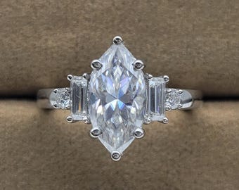 Marquise Cut Engagement Ring with Side Stone Baguette and Round, Lab Grown Diamond Ring for Women, Five Stone Ring, 14k White Gold Ring