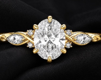 Modern Oval Lab Diamond Wedding Ring, Side Marquise & Round Accent Ring, 14K Gold Promise Ring, Vintage Inspire Statement Ring,
