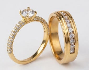 Round Lab Grown Diamond Bridal Couple Ring Set, 14K Yellow Gold Solitaire Engagement Ring with Matching Wedding Band