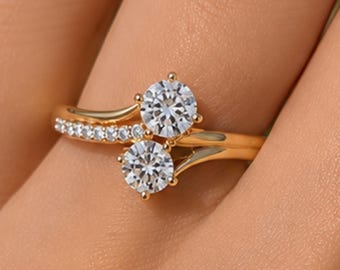 Round Lab Grown Diamond Band, Half Twisted Wedding Band, Two Stone Infinity Shank Band, Pave Setting Engagement Band, Toi Et Moi Bypass Band