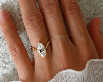 V Shape Marquise Cut Lab Grown Engagement Ring, 14k Gold Chevron Wedding Band, Solitaire Ring