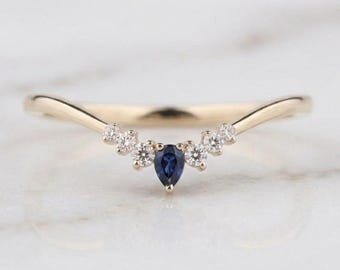 Bezel Set Diamond Contour Band, Pear & Round Diamond Wedding Band, Lab Sapphire Pear Crown Ring, Stackable Half Eternity Band, Matching Band