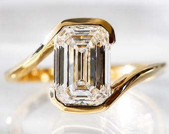 Emerald Cut Engagement Ring, Bypass Shank Solitaire Ring, 925 Sterling Silver, Half Bezel Bypass Shank Gold Ring, IGI Certified Lab Created