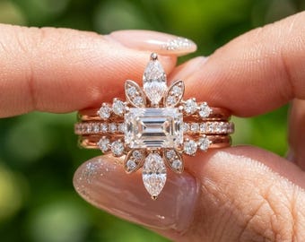 Emerald Cut Lab Grown Diamond Cluster Ring Set, Rose Gold Vintage Bridal Set, Marquise & Round Wedding Band, Geometric Engagement Ring Set
