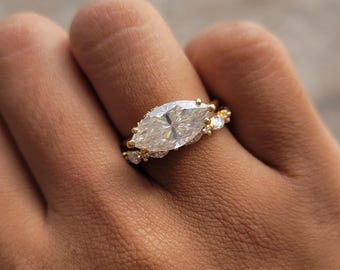 Marquise Cut Engagement Ring Set for Women, Best Matching Marquise & Round Diamond Band, Stacking Rings, 925 Silver Ring Set, Bridal Set