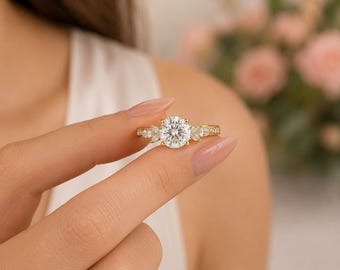 Antique Round Cut Engagement Ring, Leaf Marquise & Round Accent Ring, Half Eternity Ring, IGI Certified Lab Created, Unique Promise Ring