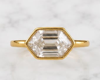 Hexagon Lab Diamond Ring, East-West Bezel Set Bridal Ring, 14k Solid Gold Ring, Hypoallergenic Jewelry, Wedding Ring, Art Deco Unique Ring