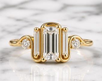 Emerald Lab Diamond Wedding Ring, Wavy Curved Bridal Ring, Unique Art Deco Multi Stone Baguette & Round Diamond Ring, Women Accessory Ring
