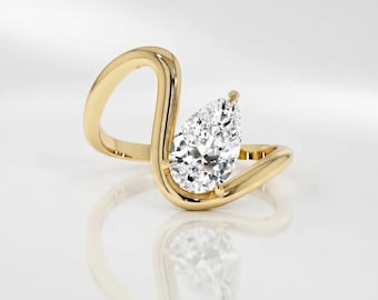 Pear Lab Grown Diamond Wave Wedding Band, Curved Gold Stacking Ring, Unique Wavy Diamond Eternity Band For Per, Modern Gold Ring