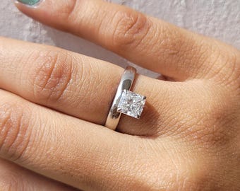 Princess Lab Created Single Diamond Ring, East West 925 Sterling Silver Engagement Ring, Minimalist Travel Jewelry, Friendship Ring Gifted