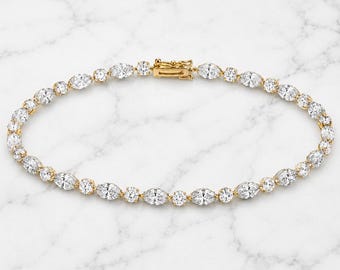 Dainty Tennis Lab Grown Diamond Bracelet, Marquise & Round Diamond, Luxury Jewelry Gift for Her, 18k Solid Gold Bracelet, Wedding Bracelet