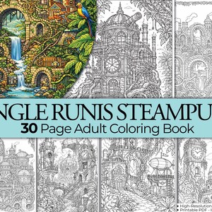 May include: A 30-page adult coloring book titled JUNGLE RUNIS STEAMPUNK featuring intricate black and white line art illustrations of clockwork towers, airships, and overgrown ruins, with one full-color example showing a waterfall and tropical foliage.