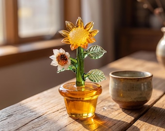 Glass Sunflower Figurine, Handmade Floral Miniature Plant Decor, Botanical Desk Ornament, Birthday Gift for Her