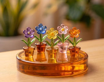 Glass Flower Desk Decor, Miniature Floral Figurine, Tiny Potted Blossom Ornament, Plant Lover Gift, Cottagecore Shelf Decor