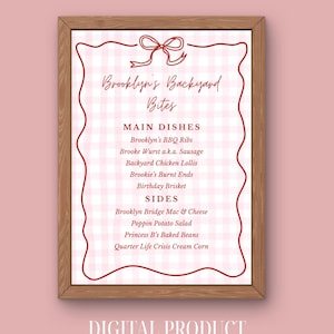 Modello di menu di compleanno rosa e rosso, menu per feste, menu per barbecue, modello modificabile di menu a quadretti, quadretti rosa, modello personalizzabile, giardino