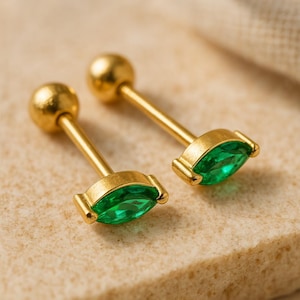 Emerald Green Marquise Stud Earrings: 18k Gold Vermeil, 925 Silver