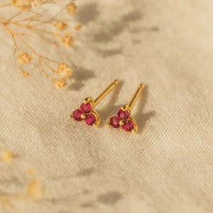 Puede incluir: Un par de pendientes de oro con tres pequeñas gemas redondas de color rojo rubí dispuestas en un racimo triangular. Los pendientes están sobre un fondo blanco roto, con elementos florales secos en la esquina superior izquierda.