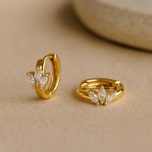 Petite Marquise Tri Huggie, 925 Silver 18K Gold Vermeil CZ Mini Hoop