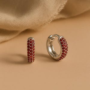 May include: Silver hoop earrings, each encrusted with small, red gemstones. One earring is open, the other closed. The earrings are displayed against a neutral background.
