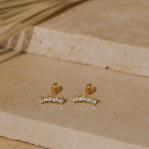 Curved Diamond Stud Earrings | Dainty CZ Helix Earrings | Minimalist Sterling Silver Ear Climbers | Cartilage Earrings for Women