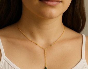 Collar Lariat de Esmeralda / Oro Vermeil de 18k, Plata de Ley con Colgante en Y