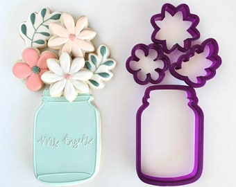 Mason Jar with Flowers and Leaf Set of 4 Cookie Cutter and Fondant Cutter and Clay Cutter