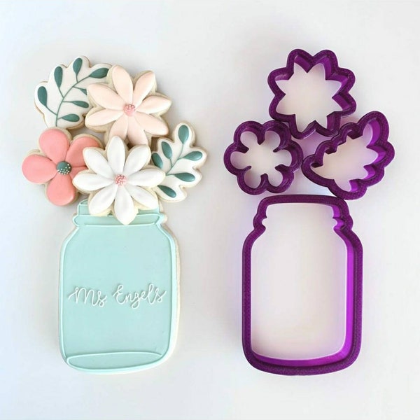 Mason Jar with Flowers and Leaf Set of 4 Cookie Cutter and Fondant Cutter and Clay Cutter