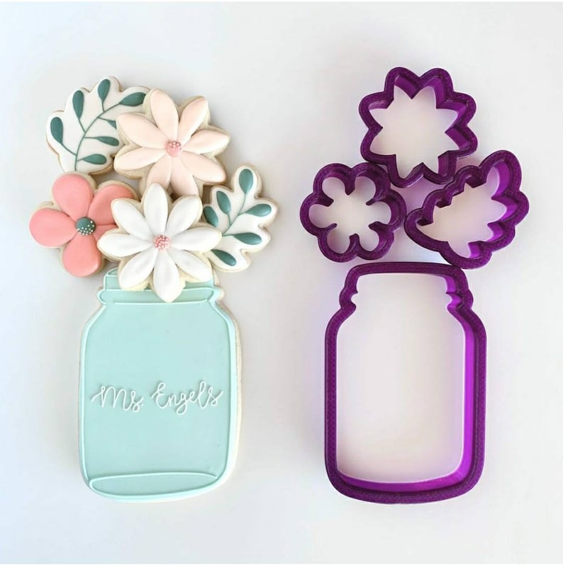 Mason Jar with Flowers and Leaf Set of 4 Cookie Cutter and Fondant Cutter and Clay Cutter image 1