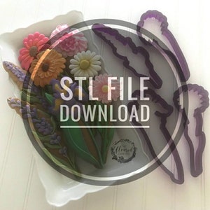 Download del file STL digitale per il set Floured Canvas Mixed Floral di 4 tagliabiscotti, tagliabiscotti per fondente e tagliabiscotti per argilla