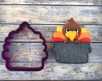 Turkey in a Pot with Sign Area Plaque Cookie Cutter and Fondant Cutter and Clay Cutter