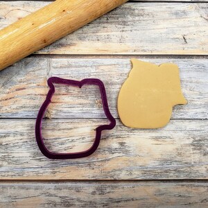 May include: A purple plastic cookie cutter shaped like a mitten, and a light brown cookie dough cutout in the shape of a mitten on a wooden surface.