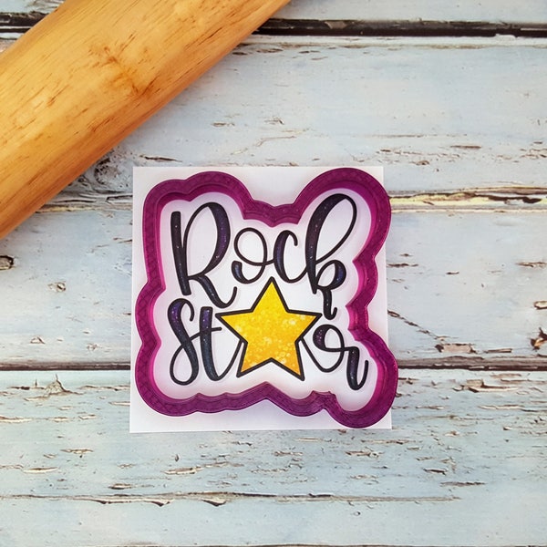 Rock Star Hand Lettered Cookie Cutter and Fondant Cutter and Clay Cutter With Optional Stencil