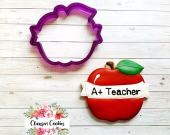 Apple with Banner or Ribbon Cookie Cutter or Fondant Cutter and Clay Cutter