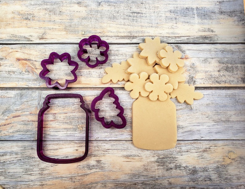 Mason Jar with Flowers and Leaf Set of 4 Cookie Cutter and Fondant Cutter and Clay Cutter image 2