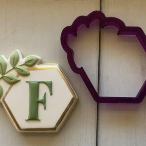 Hexagon with Leaf Flourish Plaque Cookie Cutter and Fondant Cutter and Clay Cutter