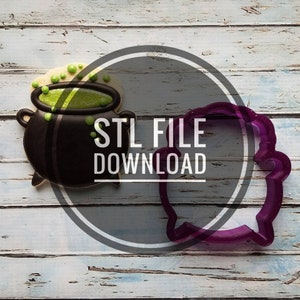 May include: A black cauldron cookie cutter with green icing and a purple ghost cookie cutter. STL FILE DOWNLOAD is written in white text on a black circle.
