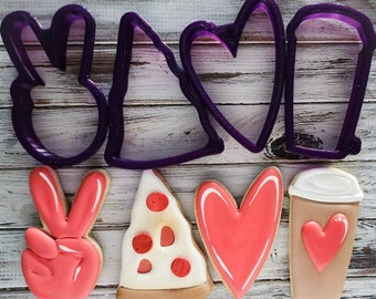 4 Piece Latte Peace Pizza Heart Cookie Cutter and Fondant Cutter and Clay Cutter with Optional Stencil