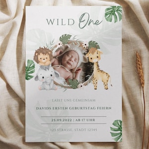 Faire-part d'anniversaire Wild One Jungle – Faire-part numérique personnalisé avec photo