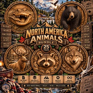 May include: A digital collection of 25 North America Animals Bundle files featuring circular wood-carved reliefs of an alligator, black bear, elk, raccoon, and wolf. The graphic includes text labels, mountain scenery, and icons for CNC ready files.